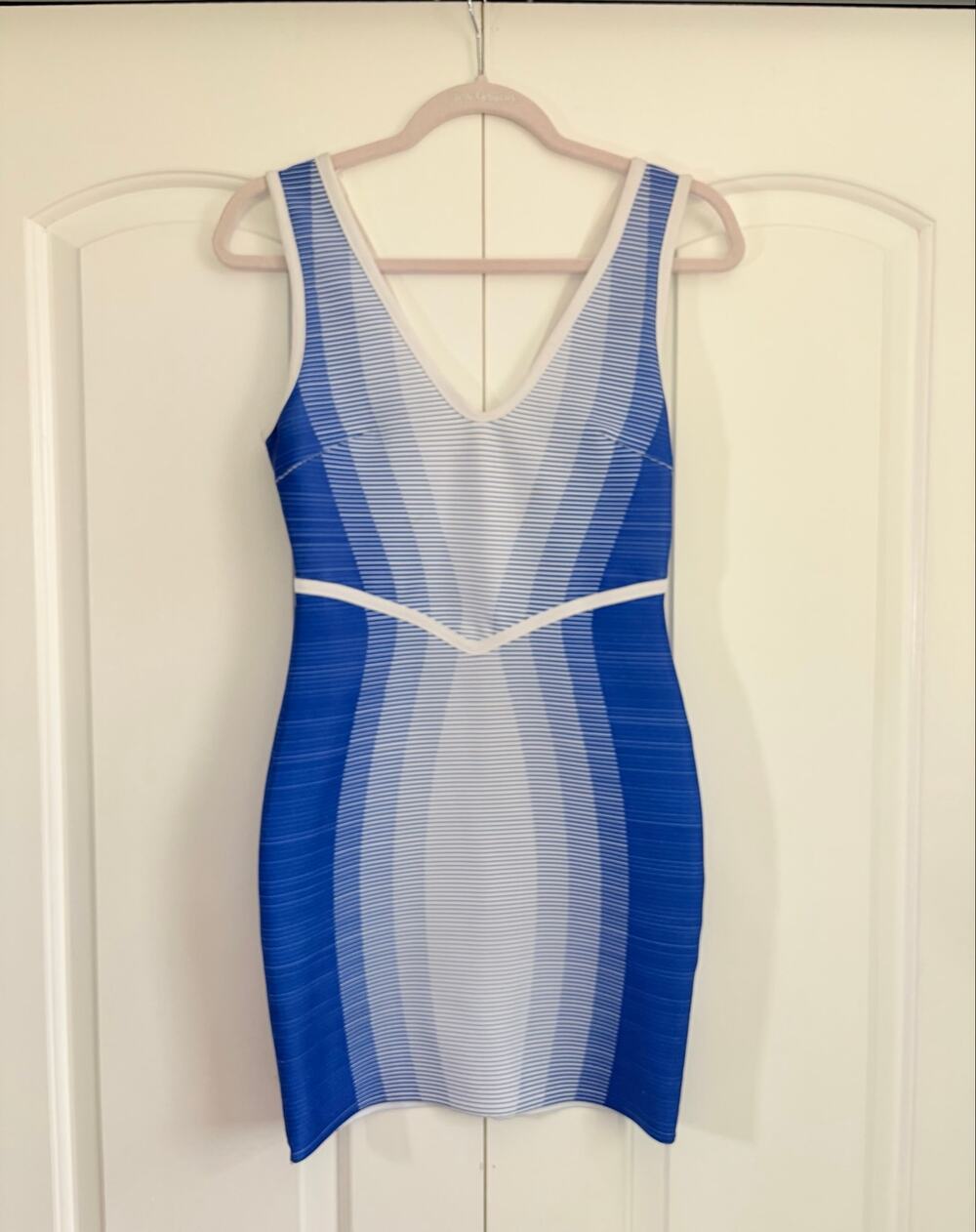 WOW Couture Blue White Striped Bandage Bodycon Mini Dress Size S V-Neck Stretch